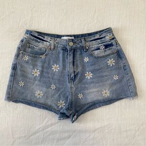 Angel Kiss Blue Jean Shorts with Floral  Daisy Embroidery